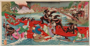 Tung kamp på land og hav ved Taidong-floden ved Pyongyang, september 1894 (træbloktryk; blæk og farve på papir) af Utagawa II Kunitora