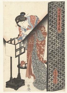 Kvinde ved lampe Secret Nighttime Dates af Moonlight (serietitel) Tsuki no kage shinobiau yoru (serietitel på objekt) af Utagawa Kunisada (I)