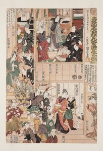Backstage ved sæsonåbningsforestillingen i Morita Theatre (Morita-za kaomise gakuya no zu, sanmai tsuzuki) (træbloktryk i farver) af Utagawa Kunisada