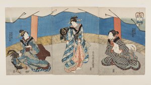 Skønheder under en hanekamp (Bijin Toriaiu) (træblok i farver) af Utagawa Kunisada