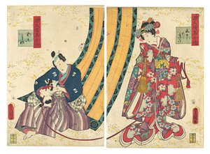 Parodi på den tredje prinsesse og Kashiwagi: "Kapitel 50: En hytte i påsken..., 1858, anden måned. af Utagawa Kunisada