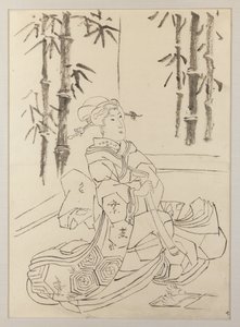 Forberedende tegning til venstre blad i triptykonet Elegant instrumentaltrio af piger af Utagawa Kunisada