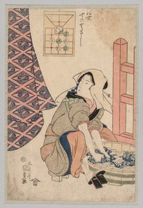 Siddende kvinde vasker tøj i et træbalje af Utagawa Kunisada