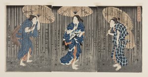 Pludselig brusebad i sommervarmen (Shochu no yudachi) (træbloktryk i farver) af Utagawa Kunisada