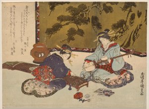 To kurtisaner, der spiller på musikinstrumenter af Utagawa Kunisada