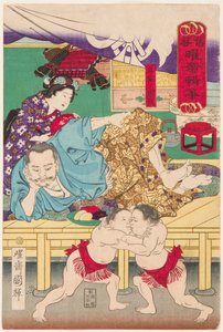 Kamp mellem to sumobørn foran Tachibana Muneshige (1567-1642). Tryk af Kuniteru, Utagawa (1808-1876)