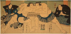 Sumobrydere kæmper, Tagasugo vs. Ayusegawa. Tryk af Utagawa Kuniteru (1808-1876)