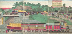 Illustration af et damplokomotiv, der kører på Takanawa Railroad i Tokyo Tokyo ta..., ca. 1873.