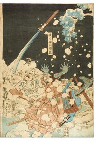 Tapperhed sammenlignet med sne, måne og blomster. Yokogawa Zenshi Kakuhan. Falden kriger i sneen af Utagawa Kunitoshi
