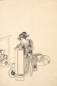 Ung kvinde læner sig over en høj lampe. af Utagawa Kuniyasu