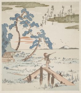 En bonde krydser en gangbro af Utagawa Kuniyoshi