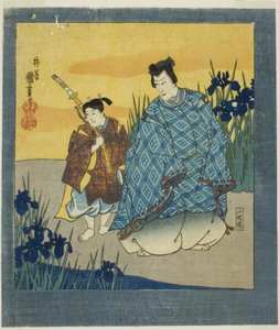 Skuespiller Ichikawa Danjuro VIII som Narihira ved Yatsuhashi fra "En seksdobbelt skærm af berømte billeder (Meiga rokushi byobu)" af Utagawa Kuniyoshi