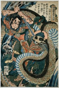 Chūsenko Teitokuson (Ding Desun) attacked by a snake on a mountain path af Utagawa Kuniyoshi