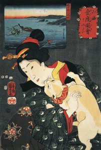 Nærbillede af en ung kvinde med en kat i armene af Utagawa Kuniyoshi
