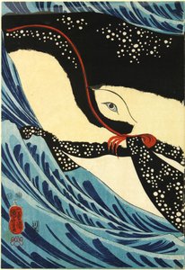 Triptykon med farvet træblok, der viser den store sværdkæmper Miyamoto Musashi, der angriber en kæmpe hval ud for Hizen-provinsens kyst: Japan, Edo, af Utagawa Kuniyoshi af Utagawa Kuniyoshi