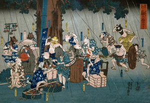 Komiske dyr, der tager ly for regn (Dōke kemono no amayadori), ca. 1842 af Utagawa Kuniyoshi