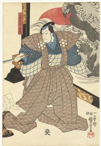 Tre skuespillere ved en foldeskærm af Utagawa Kuniyoshi