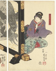 Tre skuespillere ved en foldeskærm af Utagawa Kuniyoshi