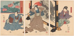Tre skuespillere ved en foldeskærm af Utagawa Kuniyoshi