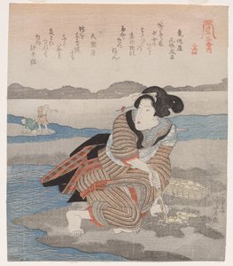 Kvinde graver muslinger; fra serien Fem billeder af lavvande af Utagawa Kuniyoshi
