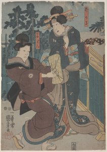 Pige med Geisha (farvet træsnit) af Utagawa Kuniyoshi