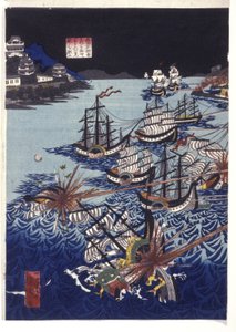 Givet titel: Den mongolske invasion af Japan (træblok i farver) af Utagawa Kuniyoshi