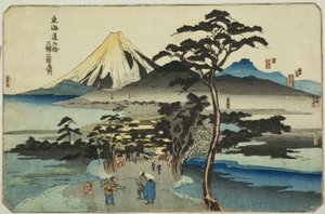 Hara, Yoshiwara og Kanbara, fra serien "Famous Places on the Fifty-tre Stations of the Tokaido, Three Stations (Tokaido gojusan eki sanshuku meisho)" af Utagawa Kuniyoshi