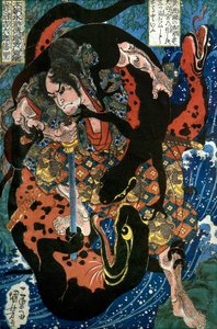 Iwanuma Kichiro kurō Nobusato Series: One of the Eight Hundred Heroes of the Water Margin of Our Country (Honchō Suikoden gōketsu happyakunin no hitori), ca. 1836 af Utagawa Kuniyoshi