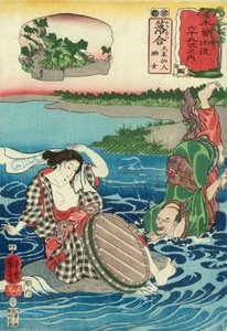 Kume Sennin falder i en flod ved synet af en barbarmet kvinde, der sidder på huk på en klippe, Station 45, udgivet af Hayashi Shoehi (træblok i farver) af Utagawa Kuniyoshi