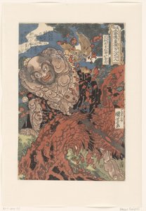 Kwaosho Rochishin, skærer en stub midt over. Et hundrede og ottende helte fra Suikoden, én efter én. (serietitel) Tsuzoku Suikoden goketsu hyakuhachinin no hitori (serietitel på objekt) af Utagawa Kuniyoshi
