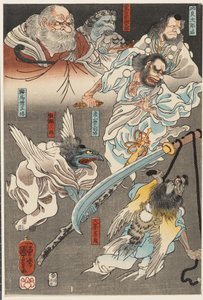 Minamoto Yoshitsune kæmper mod Benkei på Gojō-broen med hjælp fra tengu-dæmoner af Utagawa Kuniyoshi