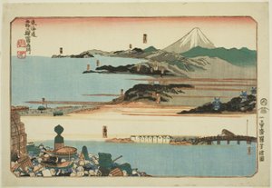 Nihonbashi, Shinagawa, Kawasaki og Kanagawa, fra serien "Famous Places on the Fifty-tre Stations of the Tokaido, Four Stations (Tokaido gojusan eki yonshuku meisho)" af Utagawa Kuniyoshi