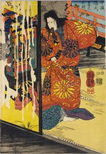 Part of a color woodblock triptych print entitled Imayo Teruuji furudera no kozudani af Utagawa Kuniyoshi