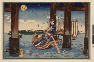 Pilgrimsmærker flyder ud i havet under broen nær Tsukuda Island, fra serien Famous Views of the Eastern Capital af Utagawa Kuniyoshi