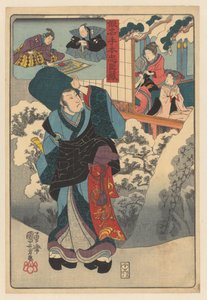Rejsende munk i snelandskab ser ind i værelse med kone og barn Kanadehon chhûshingura (serietitel på objekt) af Utagawa Kuniyoshi