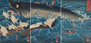 En figur, der redder Tametomo gennem medlemmerne af Sanuki, 1851. af Utagawa Kuniyoshi