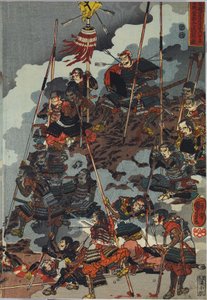 Sheet from a color woodblock print triptych, entitled Eiroku yonnen kugatsu yokka Kawanakajima kassen ni Yamamoto Kansuke ny? D? no uchijini no zudani af Utagawa Kuniyoshi