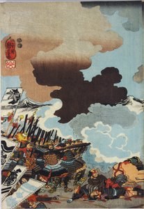 Sheet from a color woodblock print triptych, entitled Eiroku yonnen kugatsu yokka Kawanakajima kassen ni Yamamoto Kansuke ny? D? no uchijini no zudani af Utagawa Kuniyoshi