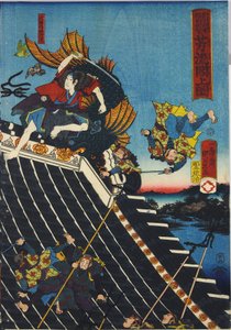 Sheet from a color woodblock print triptych, entitled H? Ryukaku sh? no zu depicting a scene from the Hakkenden of Takiwzawa Bakin showing a fight on the temple roof between Inuzuka Shinodani af Utagawa Kuniyoshi