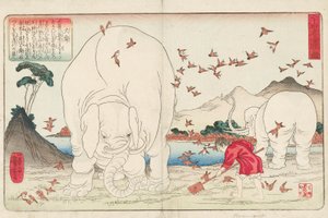 Taishun hakker en mark ved hjælp af elefanter og en flok spurve, signeret Ichiyusai Kuniyoshi ga, ca. 1843 (træblok i farver) af Utagawa Kuniyoshi