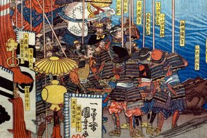 Takeda Shingen knuser Suwa Yorishiges kræfter (Takeda Shingen Suwa Yorishige no jinchū o uchi-kuzusu zu), ca. 1850-51 af Utagawa Kuniyoshi