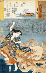 Tamatori (kvindelig ama dykker), bliver angrebet af blæksprutte, mens han griber hellige juveler af Utagawa Kuniyoshi