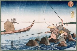 Three Anglers Fishing at Teppozu", fra serien "Berømte steder i den østlige hovedstad" af Utagawa Kuniyoshi