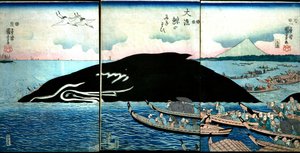 Mylder af mennesker omkring en fanget hval af Utagawa Kuniyoshi