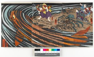 Triptykon, der skildrer Oniwaka-maru (den fremtidige Musashibo Benkei) ved at angribe den kæmpe karpe, som fortærede hans mor, ca. 1845 (farvet træbloktryk) af Utagawa Kuniyoshi