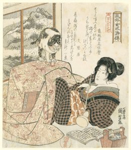 Kvinde med kat på bordet Elegant Women as the Heroes of the Suikoden - fra en serie af One Hundred and Eight (serietitel) Fûzoku onna Suikoden - Hyakuhachiban no uchi (serietitel på objekt) af Utagawa Kuniyoshi