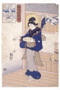 Kvinde med æske med frø (træbloktryk i farver) af Utagawa Kuniyoshi