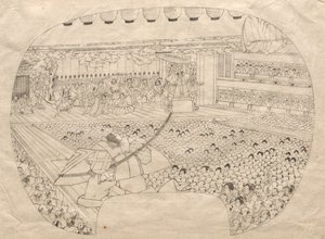 Design til vifteformet print af Kabuki Theatre af Utagawa Sadahide