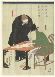 Udlændinge skriver i en købmands hus i Yokohama Yokohama shoka komojin shonin no zu (titel på objekt)