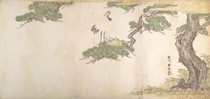 Trane og deres unge i deres rede i grenene af et fyrretræ, ca. 1790.
